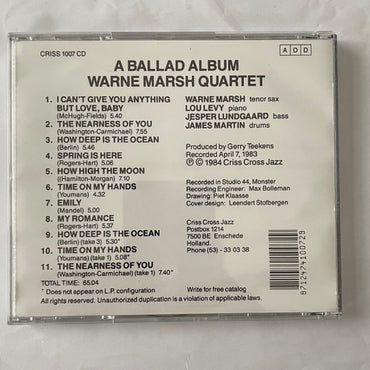 Warne Marsh Quartet Featuring Lou Levy : A Ballad Album (CD, Album, RE)
