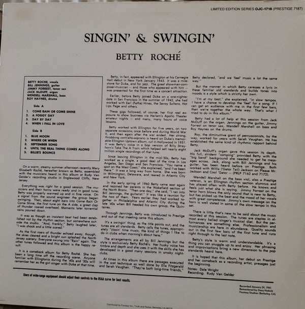 Betty Roché : Singin' & Swingin' (LP, Album, Ltd, RE, RM)