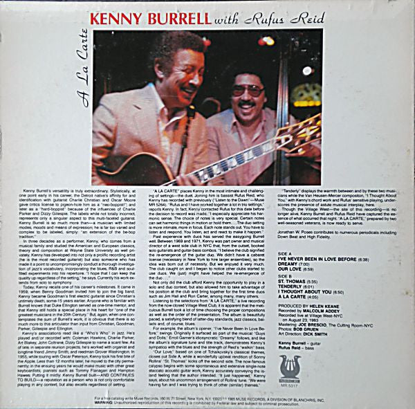Kenny Burrell With Rufus Reid : A La Carte (LP, Album, Promo, PRC)