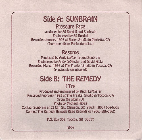 Sunbrain / The Remedy (8) : Pressure Face • Resume / I Try (7", Cle)