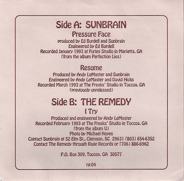 Sunbrain / The Remedy (8) : Pressure Face • Resume / I Try (7", Cle)