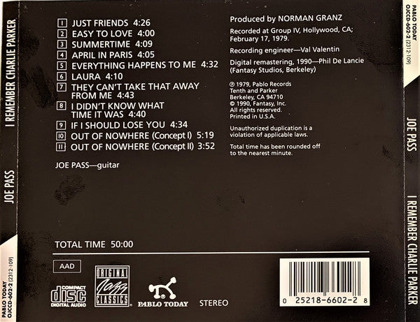 Joe Pass : I Remember Charlie Parker (CD, Album, RE, RM)