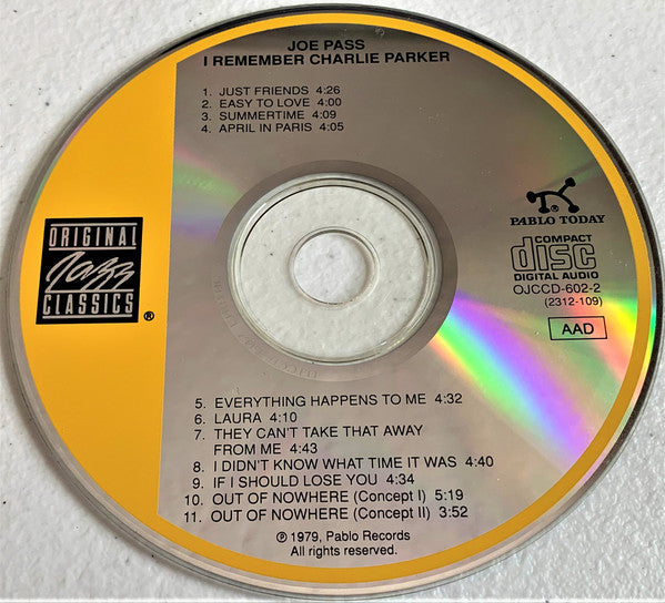 Joe Pass : I Remember Charlie Parker (CD, Album, RE, RM)