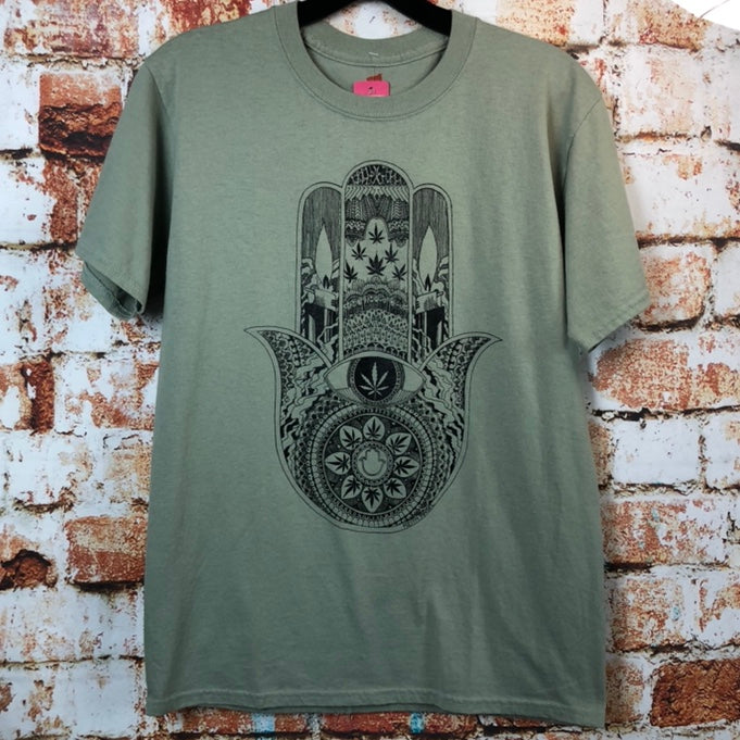 Marijuana Mandala Hamsa, used novelty shirt (S)