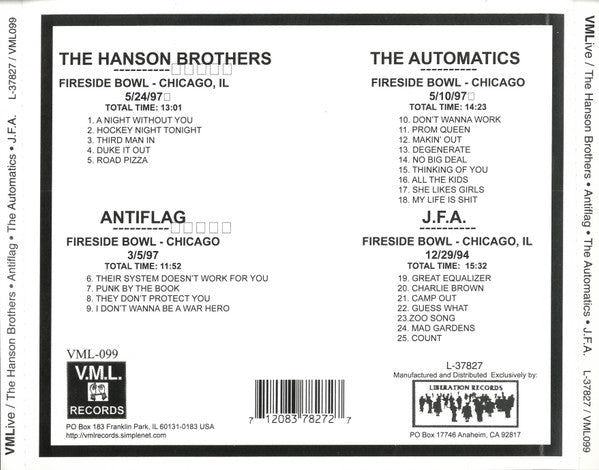 The Hanson Brothers* / Antiflag* / The Automatics (2) / J.F.A. : V.M.Live Presents... The Hanson Brothers / Antiflag / The Automatics / J.F.A. (CD, Comp)