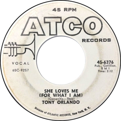 Tony Orlando : Think Before You Act / She Loves Me (For What I Am) (7", Promo)