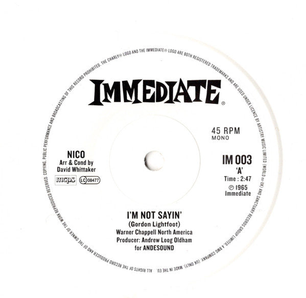 Nico (3) : I'm Not Sayin / The Last Mile (7", RSD, Single, Mono, Ltd, Whi)