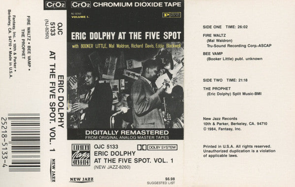 Eric Dolphy : At The Five Spot. Vol. 1 (Cass, Album, RE, RM)