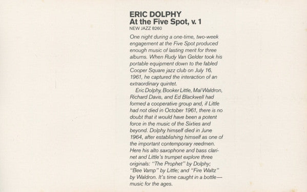 Eric Dolphy : At The Five Spot. Vol. 1 (Cass, Album, RE, RM)