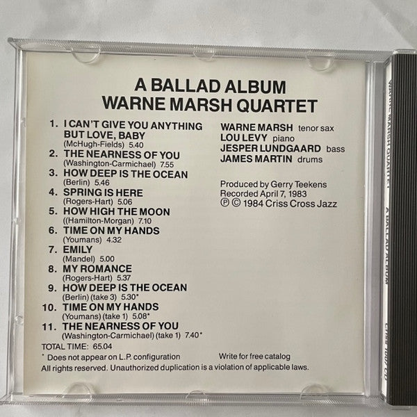 Warne Marsh Quartet Featuring Lou Levy : A Ballad Album (CD, Album, RE)