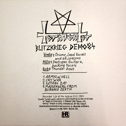 Tormentor (8) : Blitzkrieg Demo '84 (12", Ltd, RE, RP, Cle)
