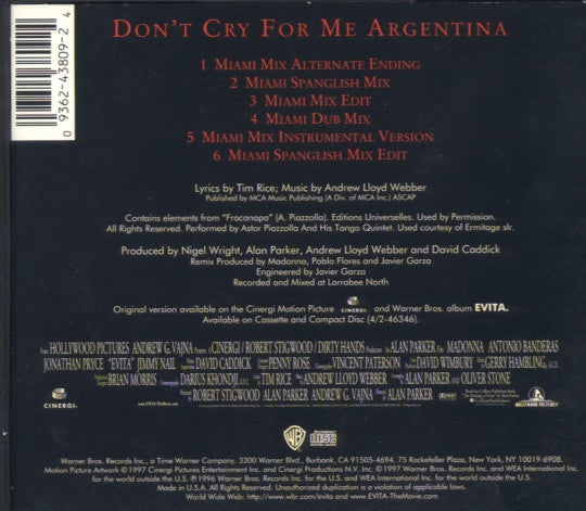 Madonna : Don't Cry For Me Argentina (CD, Maxi, Oly)