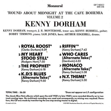 Kenny Dorham : 'Round About Midnight At The Cafe Bohemia • Volume 2 (CD, Album, Mono, RE)