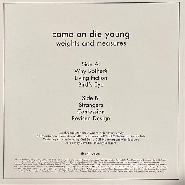Come On Die Young : Weights And Measures (12", EP, Num, TP, W/Lbl)