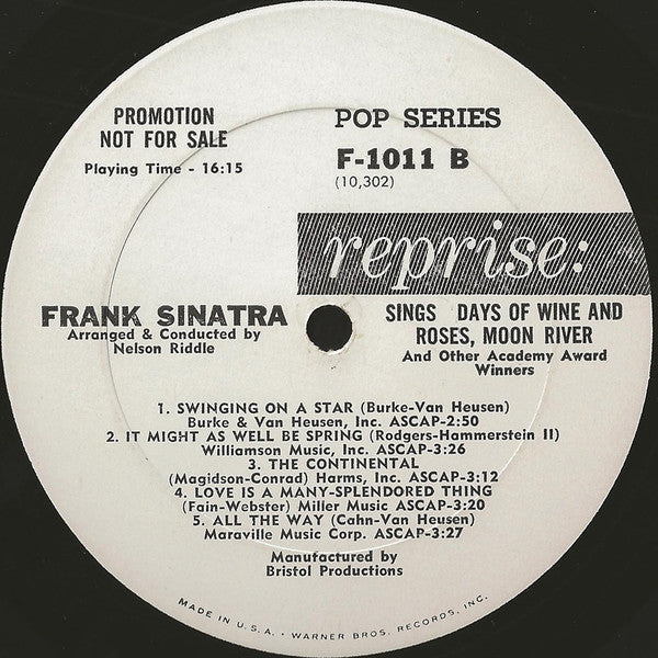 Frank Sinatra : Sings Days Of Wine And Roses, Moon River, And Other Academy Award Winners (LP, Album, Mono, Promo)