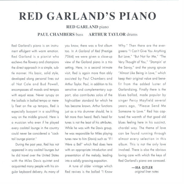 Red Garland With Paul Chambers (3) And Art Taylor : Red Garland's Piano (CD, Album, RE, RM)
