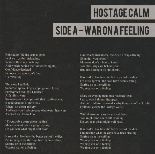 Hostage Calm : War On A Feeling / Donna Lee (7", Single, Blu)