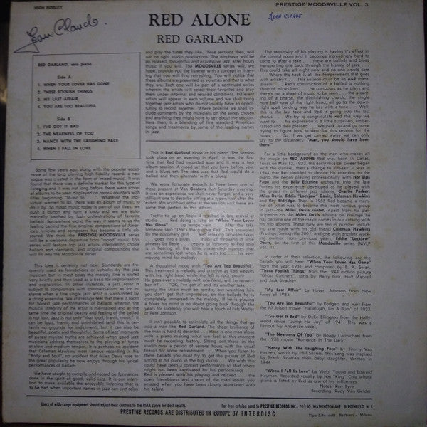 Red Garland : Red Alone - Volume 3 (LP, Album, Mono, Gre)
