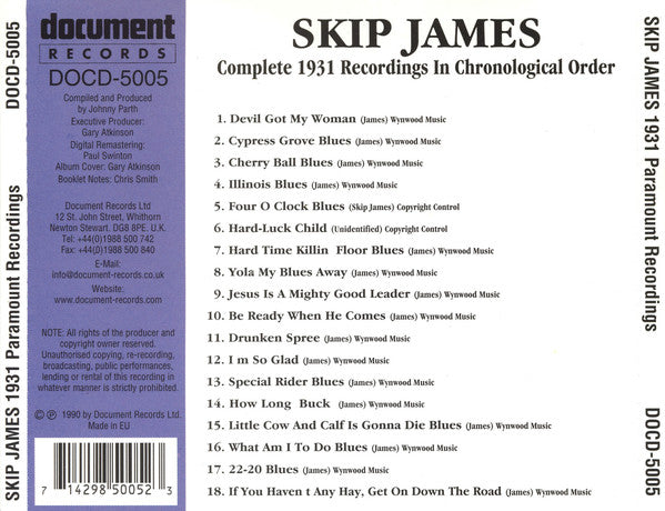 Skip James : I'm So Glad - The Complete 1931 Paramount Recordings (CD, Comp, RE, RM)